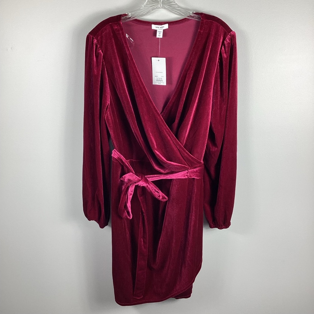 NWT Nine West Velvet Long Sleeve Wrap Dress Women’s Size 1X Burgundy Event Dress